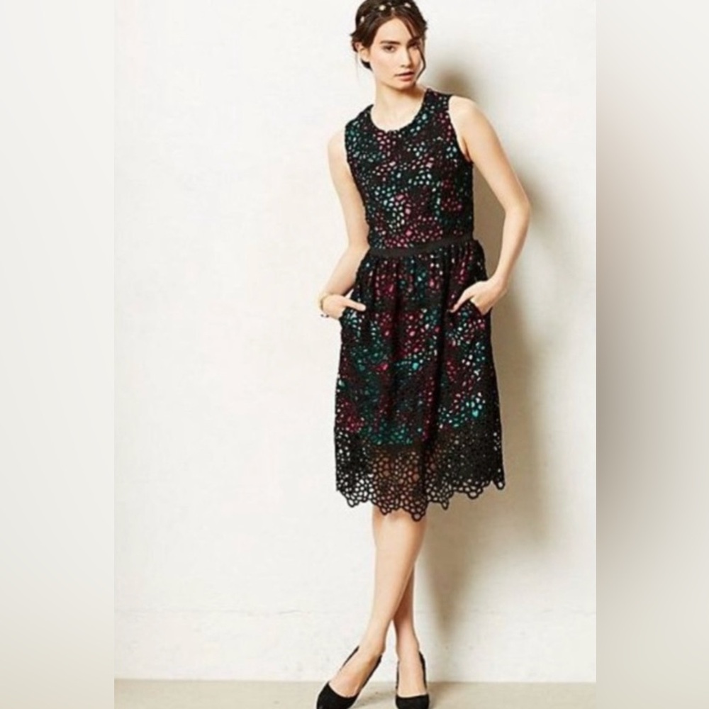 Anthropologie Wolven Black Lace Overlay Dress with Pockets Women’s Size 8